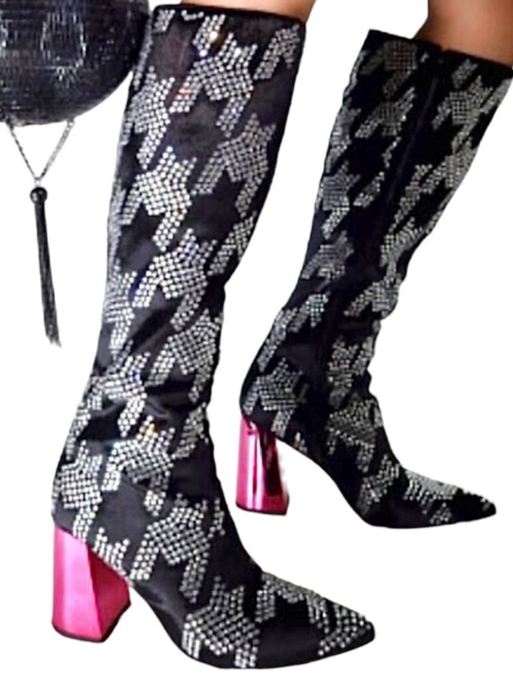 Betsey Johnson Naomy Rhinestone Houndstooth pink block heelTall Boots 6 NWOT - Picture 4 of 14